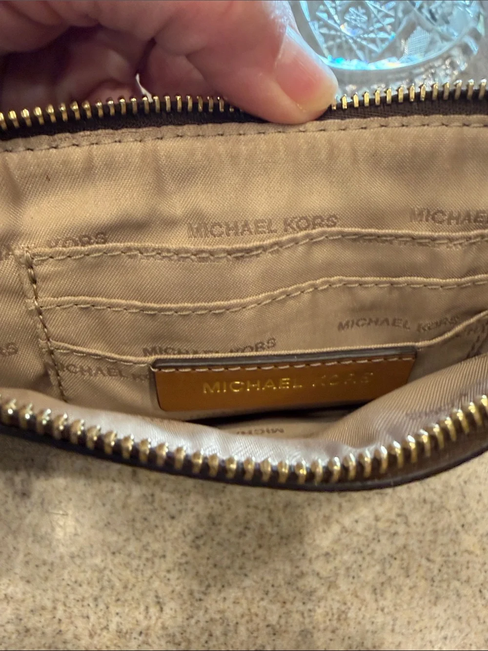 Michael Kors brown Signature Logo Zip Pouch 3 card slots, no strap, gold